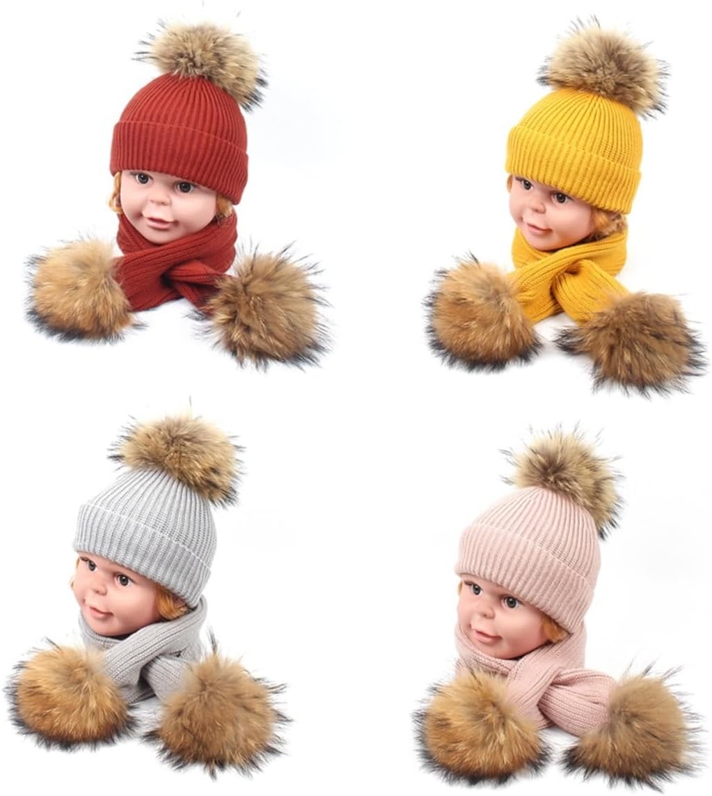 2PCS Warm Hat and Scarf Set with Hair Ball Thickened Knit Scarf and Beanie for Autumn Winter Activities for Boys and Pink
