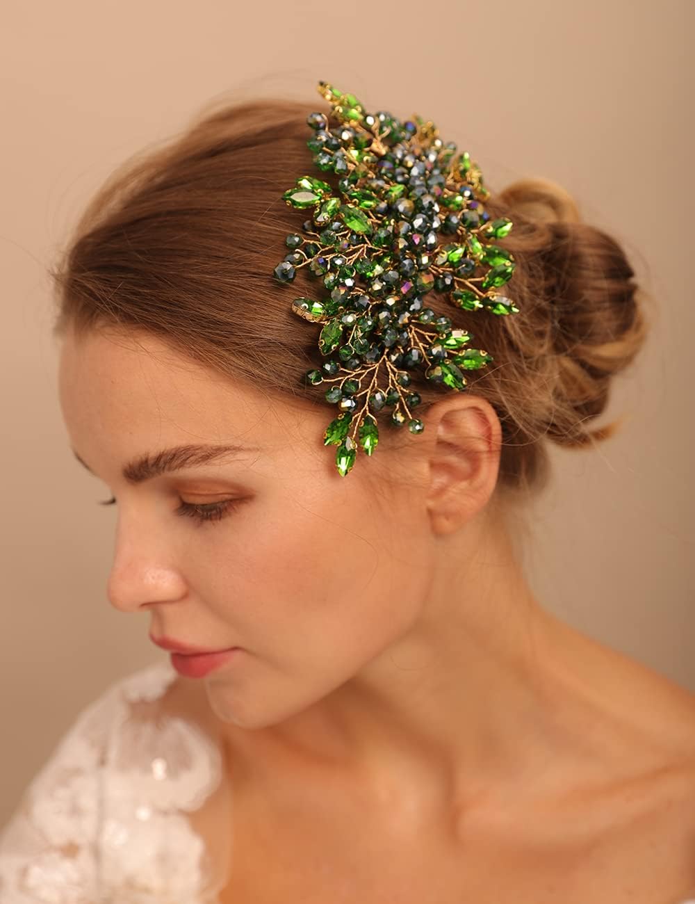 Jumwrit Handmade Rhinestone Beaded Bridal Headpiece - Wedding Hair Comb for Bride and Women (Green)