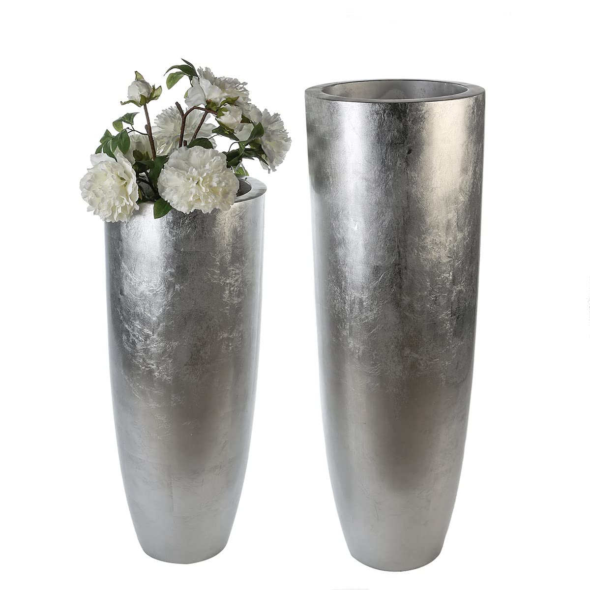 Casablanca großer Pflanztopf XXL rund aus Fiberglas - Pflanzkübel XL für den Innenbereich - mit Pflanzeinsatz Topf - Deko Frühling Wohnzimmer - Farbe: Silber Höhe 115 cm