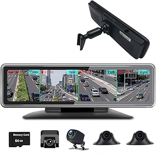 XRC TECH 4CH Dash Cam rearview mirror 360-degree Panoramic 12'' Monitor Recording DVR Front & Sides & Rear Car Camera with Night Vision,Parking Assistance,Loop Recording ,G-Sensor, Special Bracket and Dashboard Base DVR Video Recorder