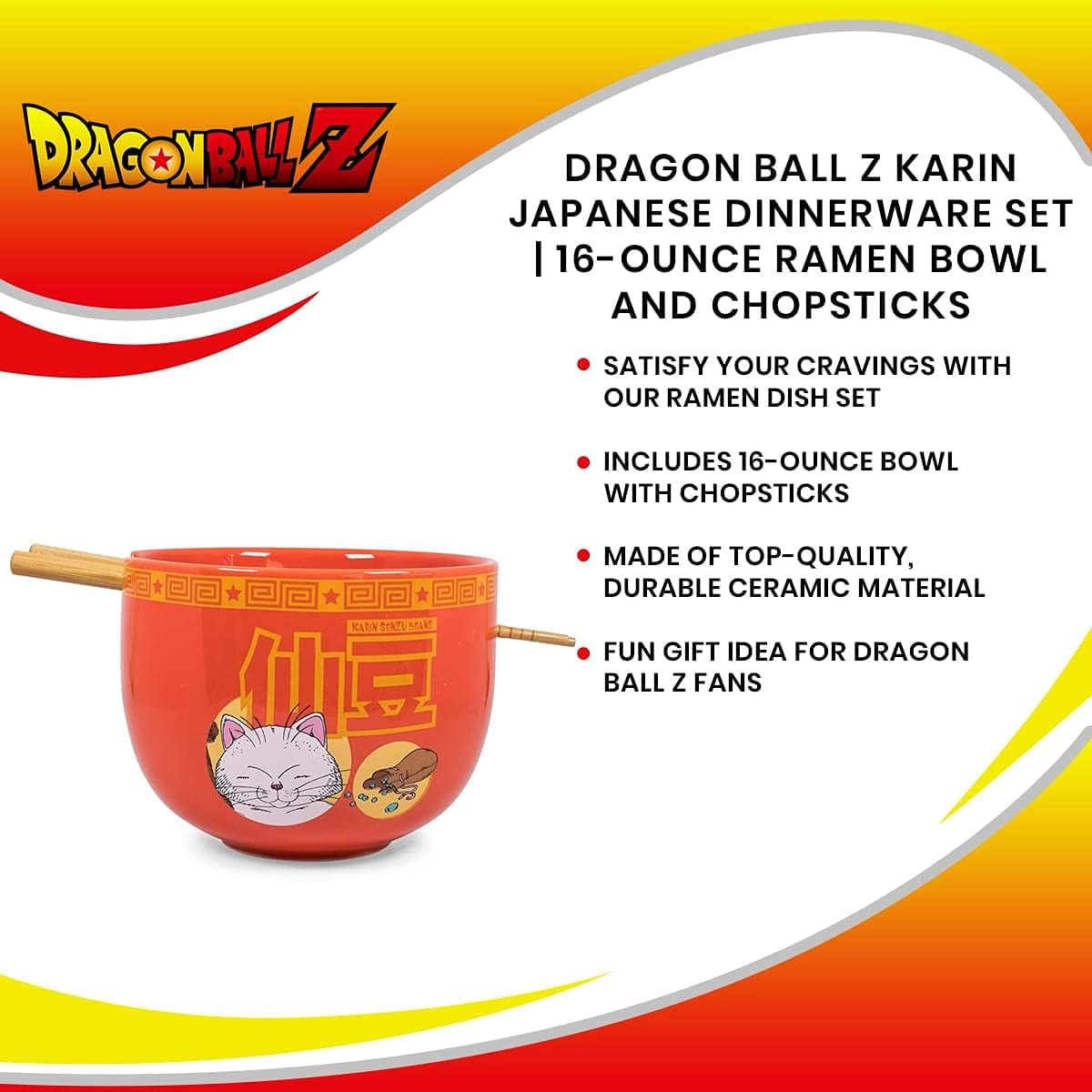 Dragon Ball Z Karin Japanese Ceramic Dinnerware Set | Place Setting Includes 16-Ounce Ramen Bowl and Wooden Chopsticks | Asian Food Dish Set For Home Kitchen