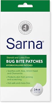 Sarna Bug Bite Patches - Peel and Stick Hydrocolloid Patches with Aloe, Witch Hazel and Chamomile - Kid-Safe, Vegan, Steroid-Free, Latex-Free, Single-Use Patches, TSA- Friendly, 24ct 2