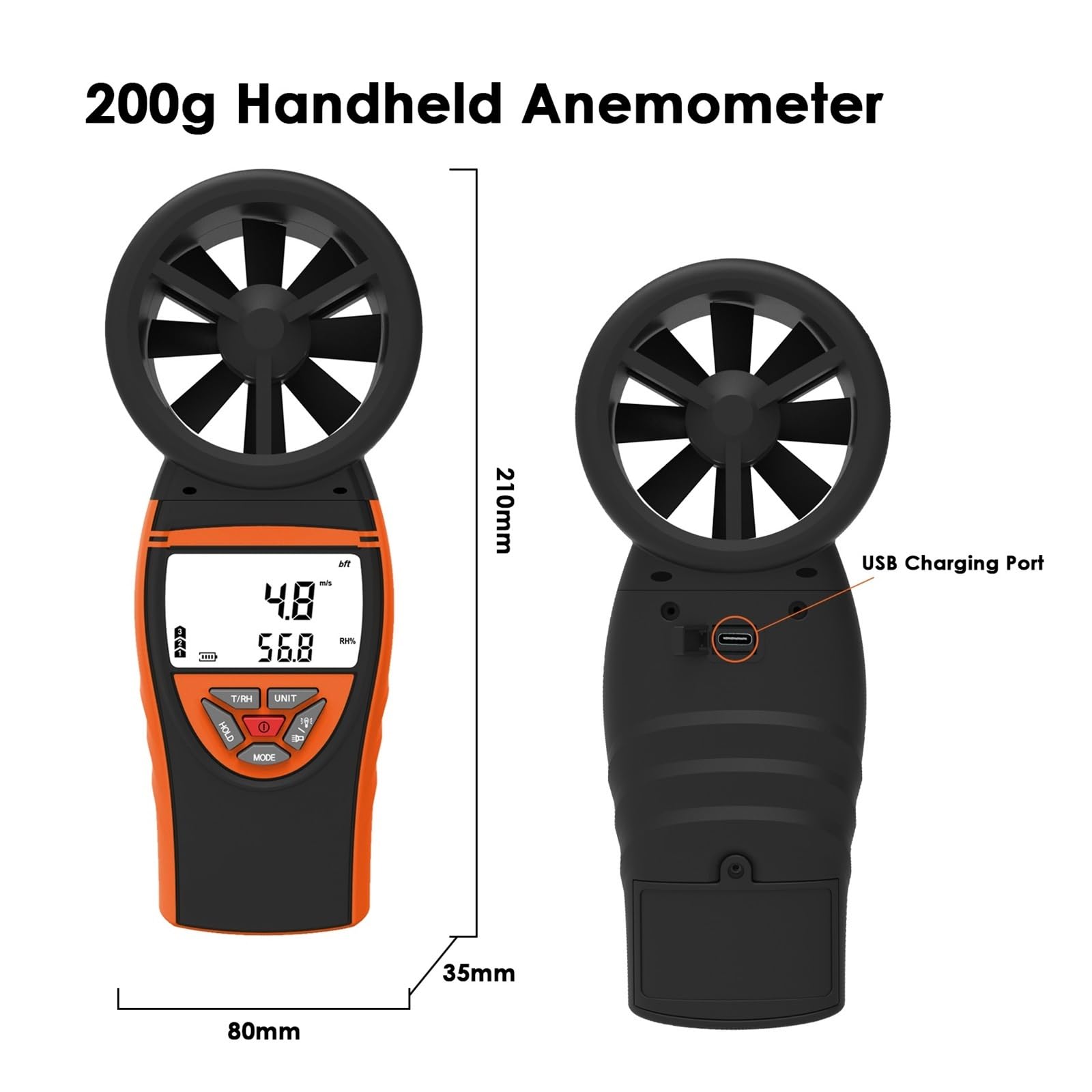 Anemometro portatile for velocità del vento, temperatura, umidità, misuratore di portata d'aria digitale ricaricabile