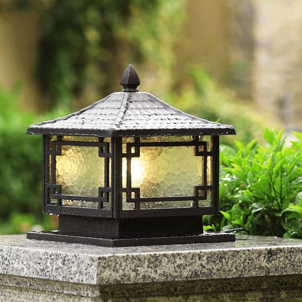 Retro Square PillarLamp, IP65 wasserdichte Säulenleuchten, Säulenlampe aus Druckguss-Aluminium, Lampenschirm aus Glas, Lampe mit E27-Sockel, Villa-Rasen-Garten-Landschaftslampe