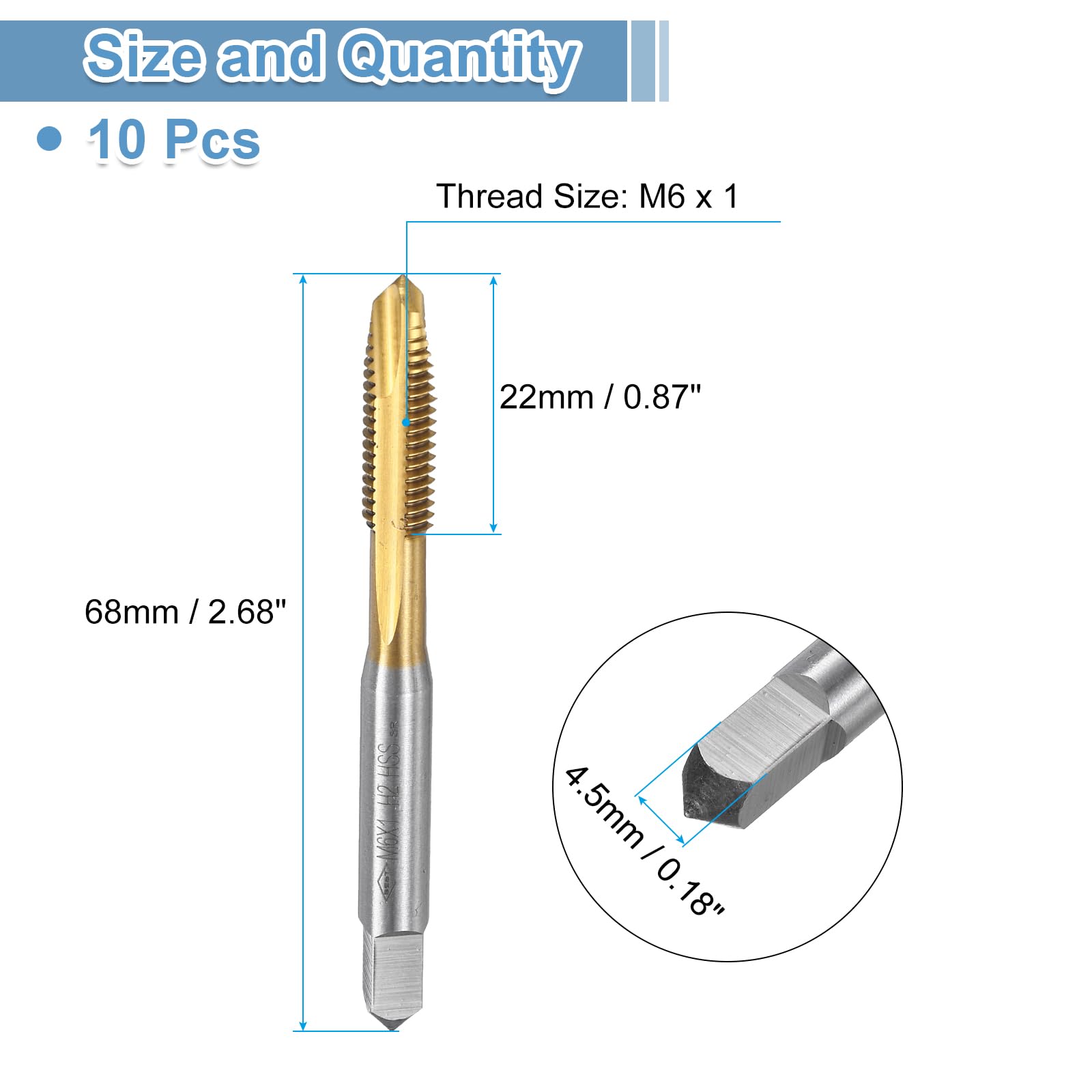 uxcell Spiral Point Plug Threading Tap M6 x 1 Thread, Ground Threads H2, High Speed Steel 6542, Titanium Coated, Metric Screw Taps Tapping Bit for Thread Repair, 10pcs