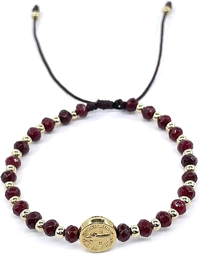 Miniatura 32 de Pulsera ajustable con moneda de San Benito y cuentas redondas naturales de coral rojo para mujer