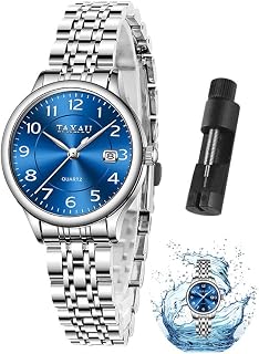 Taxau Armbanduhr Damen Edelstahl, Kleine Damenuhr mit Arabischen Ziffern, Quarzuhr Damen mit Datum, Easy Read Zifferblatt, 3 Bar Wasserdicht, Elegante Uhr für Frauen