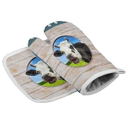 Farm Cow Insulation Gloves and Pot Holders Polyester Heavy Duty Cooking Gloves for Cooking Baking Grilling Pot Holders Sets 2 PCS Independence Day Satrs Farmhouse Animal