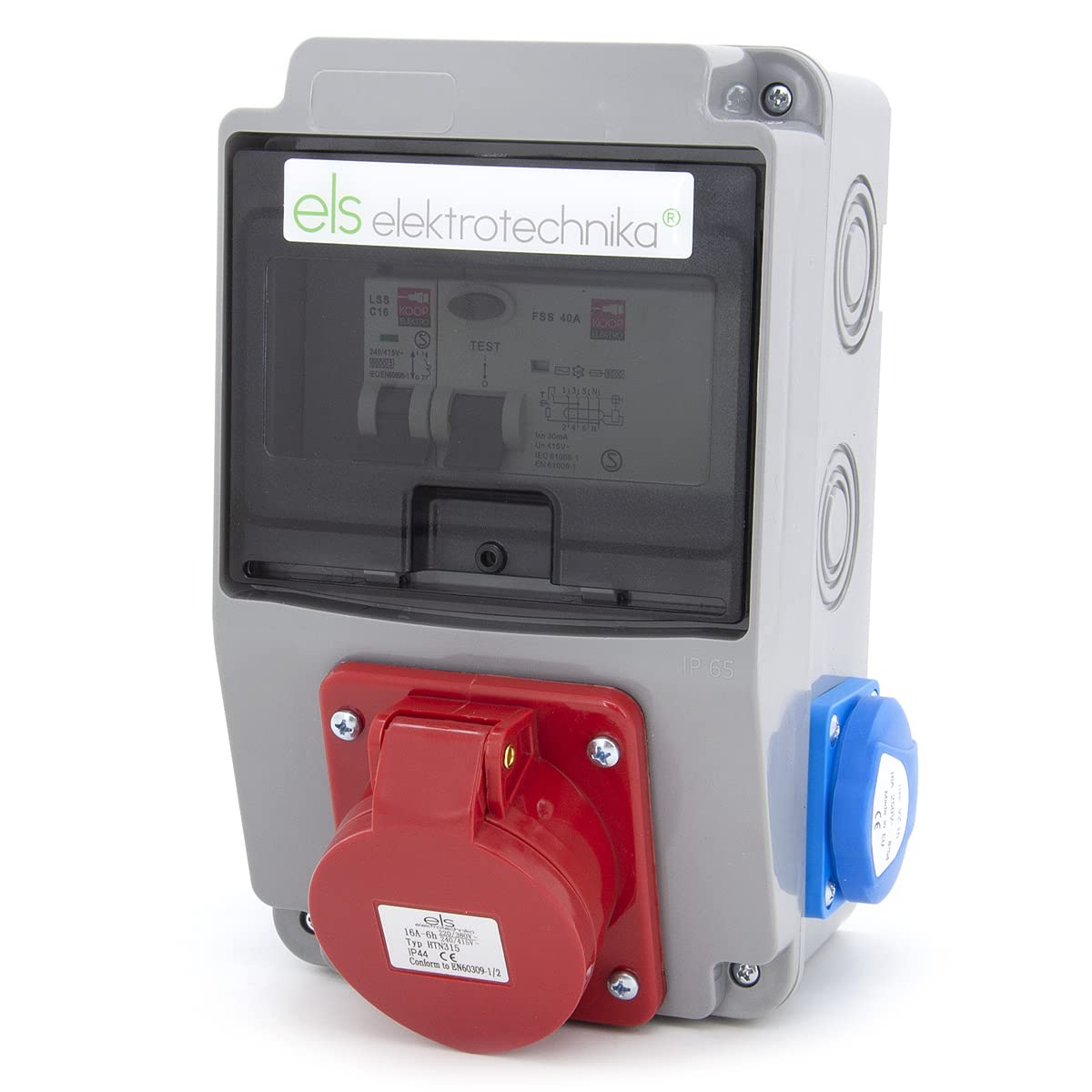 ELS Elektrotechnika Steckdosenverteiler Baustromverteiler Wandverteiler Schuko 2x230V + Sicherungen Leitungsschutzschalter 1x LS C16 + Fehlerstromschutzschalter FI 40/4/0.03A Verdrahtet Anschlußfertig