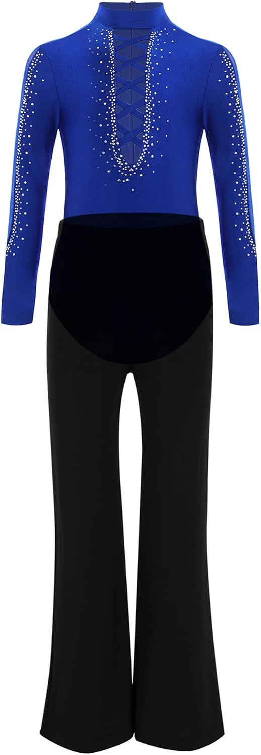 iEFiEL 2Pcs Latin Dance Clothes Set for Boys Long Sleeve Rhinestone Leotard Shirt with Pants for Ice Skating Tango Cha Cha