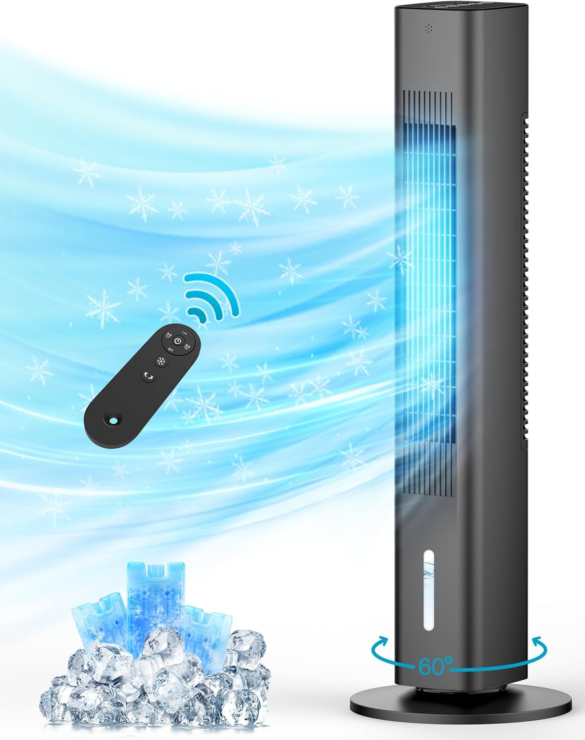 Evaporative Air Cooler, 3-IN-1 Portable Air Conditioner w/1.2l Water Tank, 3 Ice Packs, 7H Smart Timer, 60° Swing, aire acondicionado portatil, 35” Windowless Air Cooler for Room Bedroom, Black