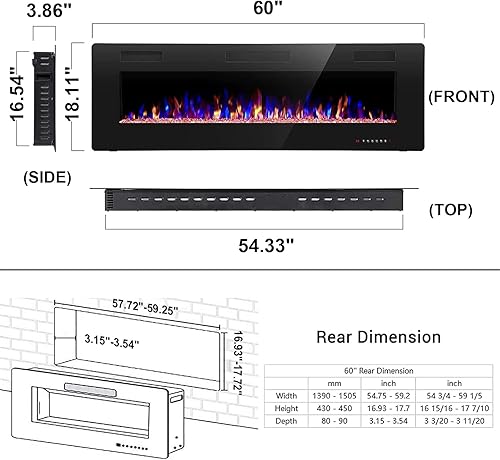 Miniatura 5 de Joy Pebble Insertos de chimenea eléctrica de 60 pulgadas, empotrado en la pared y montado en la pared, calentador de chimenea de 7501500 W, pantalla