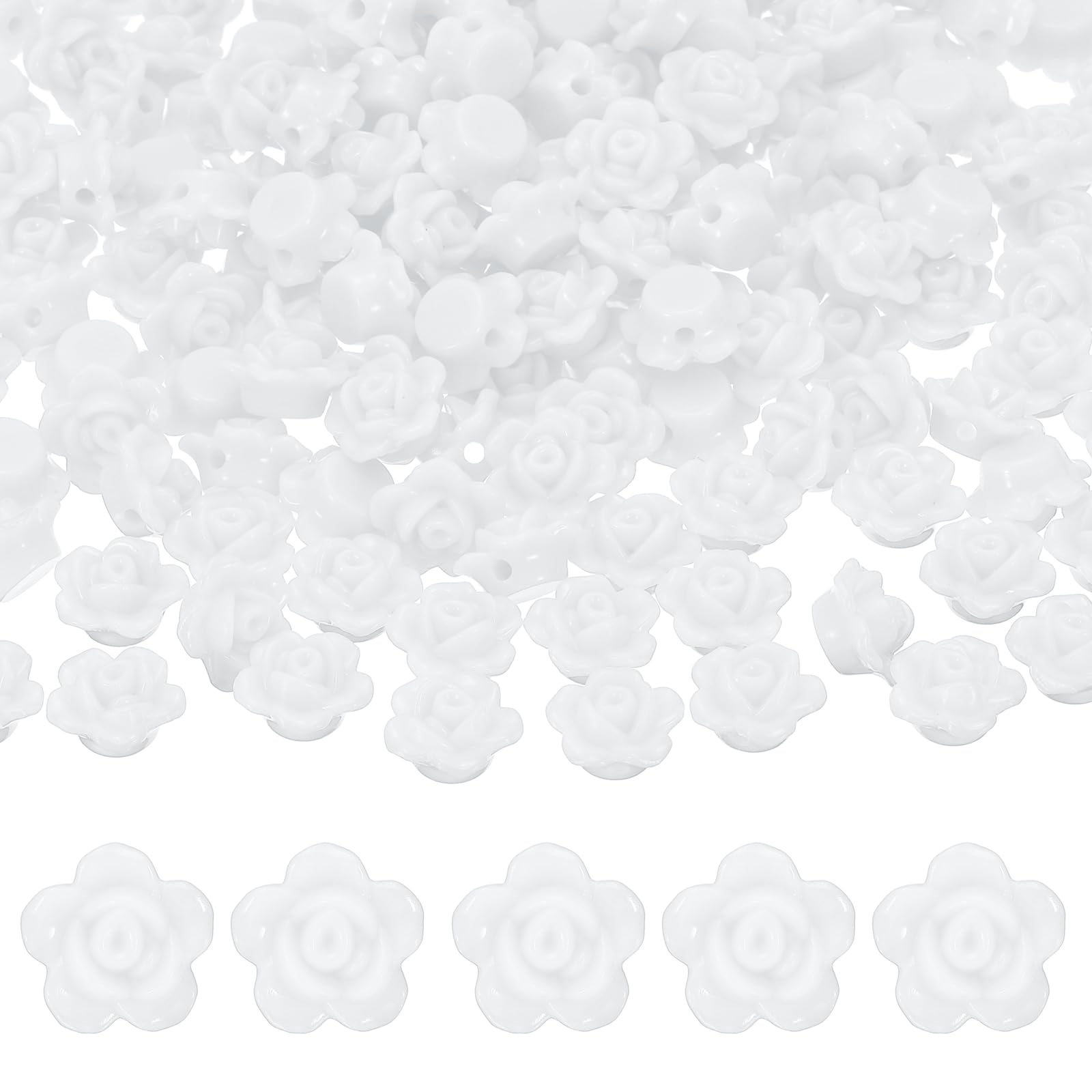 PATIKIL Acrylic Rose Flower Beads, 50 Pcs Flat Back Rose Flower Loose Spacer Beads Charm Colorful Floral Beading with 2mm Hole for DIY Craft Making Necklace Bracelet, White