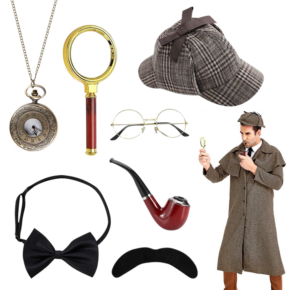 Set di accessori per costume da detective, 7 pezzi, accessori per costume Sherlock Holmes, kit per vestito fantasia, detective cosplay, accessori di scena per carnevale, feste in maschera