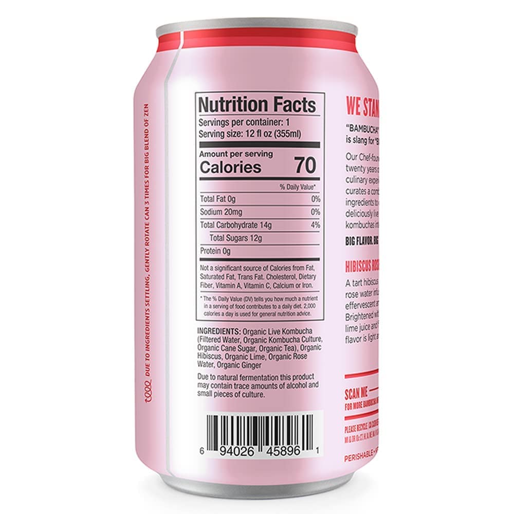 Bambucha Kombucha Hibiscus Rose 12 Pack Case | Chef Crafted Flavor, 100% Raw Kombucha Tea Drink | Organic, Vegan, Gluten Free, Non GMO, Probiotic (12 Fl Oz Cans)