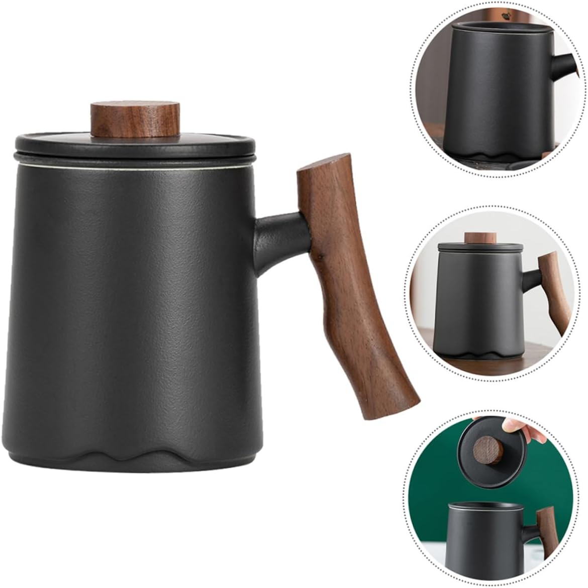 360ml Black Ceramic Tea Mug with Wooden Handle Filtered Drinking Cup for Tea and Coffee Elegant for Men and Office Use