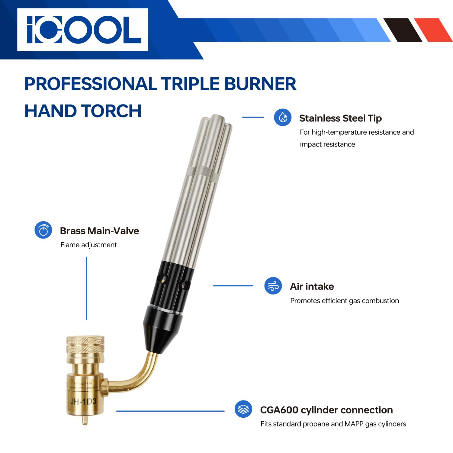 ICOOL Linterna de mano de triple llama, temperatura máxima de 1,982.2 °C, antorcha de gas propano MAPP para soldadura, fontanería, HVAC
