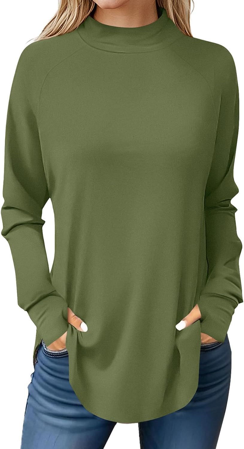 JUSTFASHIONNOW Tunic Tops for Women Casual Long Sleeve Turtle Neck Shirts Thumb Hole Curved Hem Tops Fall Fashion - Image 2