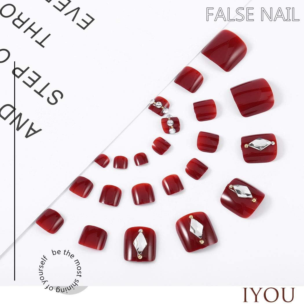 IYOU Fashion False Toenails Wine Red Bling Rhinestone Fake Nail for Toes Acrylic Feet Nails Art Tips for Women and Girls(24 pcs) - Image 3