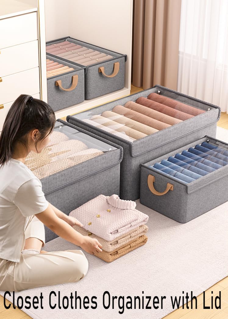 AARAINBOW Closet Clothes Organizer Bins 6 Pc, Fabric Box Storage Shelf Bins Stackable, Foldable Closet Shelf Storage Container with Lid, Fabric Storage Bin with Steel Frame, 23L (6 Gray with Lid)