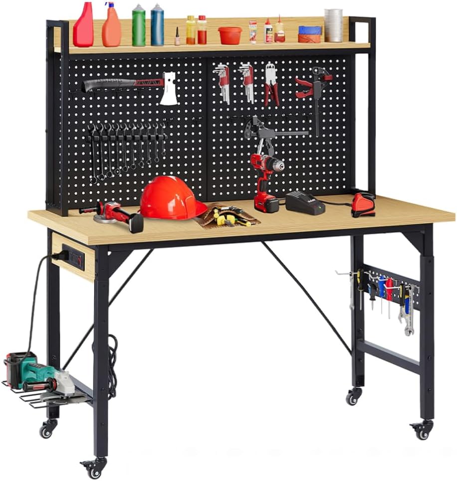Balacoo Work Bench, 48 Inch Adjustable Workbench with Power Outlets 1600 Lbs Load Capacity Work Bench for Garage Workshop, with Pegboard Wheel