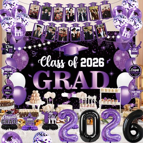 Image of Holkcog 2026 Graduation Decorations, Purple Themed Class of 2026 Congrats Graduation Backdrop, Balloons, Honeycomb ornament for Graduation Party Decorations, Outdoor Indoor Grad Party Decor Supply