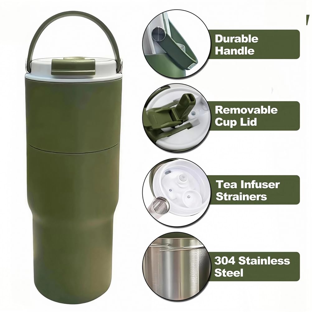 Zielony, izolowany kubek 1000 ml, wielokrotnego użytku, izolowany kubek do kawy, stal nierdzewna 304, na wynos, szczelny, podwójne ścianki, wodoodporny kubek podróżny do gorącej i zimnej kawy, mleka i
