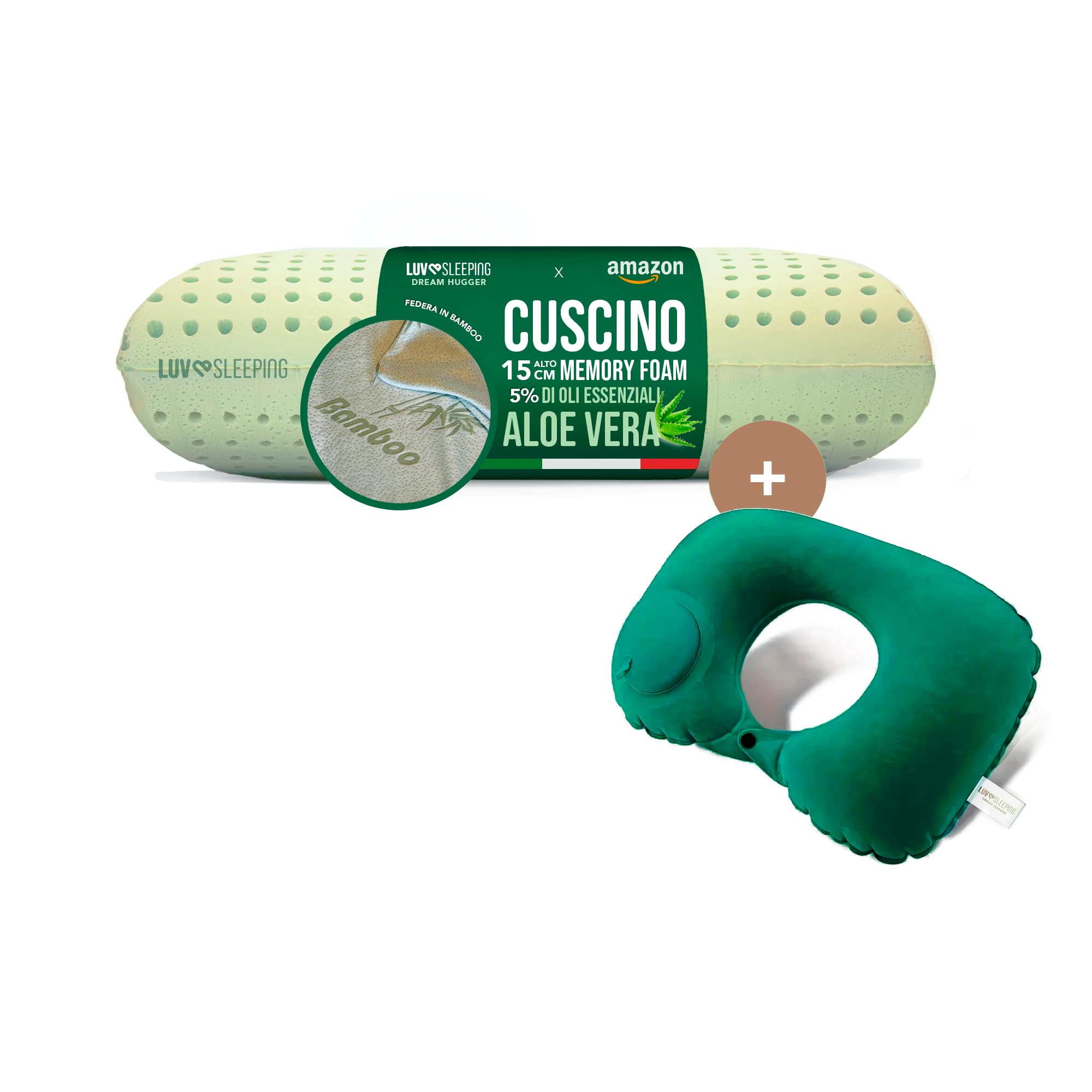 LUVSLEEPING - Cuscino Memory Foam Alto 15 cm Antirussamento Antireflusso in Aloe Vera Morbido e Traspirante con federa in Bambù Anallergica | Cuscino Memory Foam Cervicale Ergonomico. Made in Italy