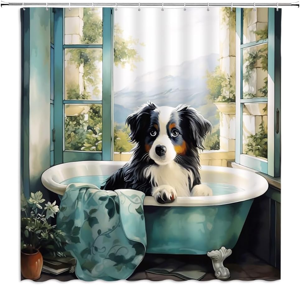 Funny Dog Shower Curtain Cute Animal Bathtub Cartoon Watercolor Creative Farmhouse Bathroom Decor Curtains Set with Hooks, 70" x 90"
