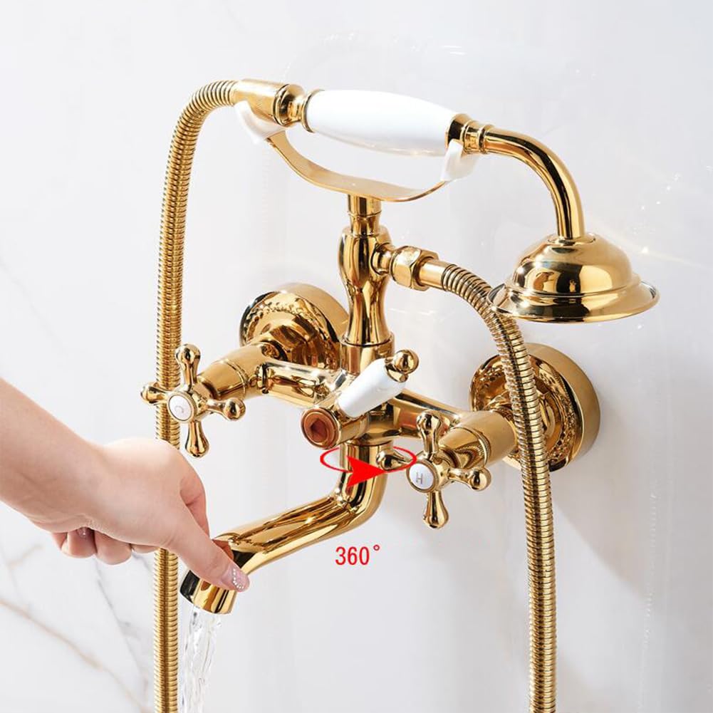 Retro mosiężny naścienny kran wannowy z prysznicem ręcznym tradycyjny podwójny uchwyt bateria wannowa 150 cm wąż eleganckie złote wykończenie idealny do łazienki