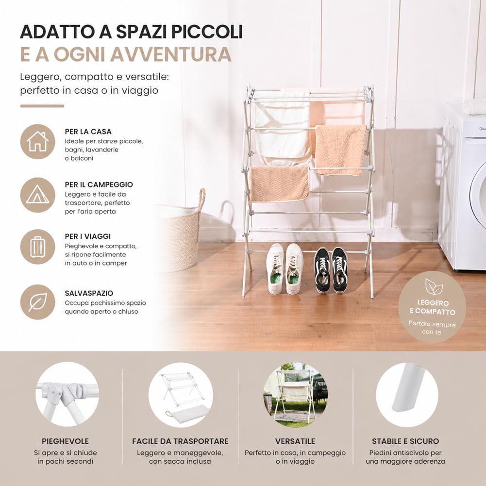 BAKAJI Stendibiancheria Verticale Pieghevole Salvaspazio da Interno ed Esterno, Stendino a Torre in Metallo Multiuso, Struttura Stabile e Resistente, Supporto per Panni Asciugatura Omogenea