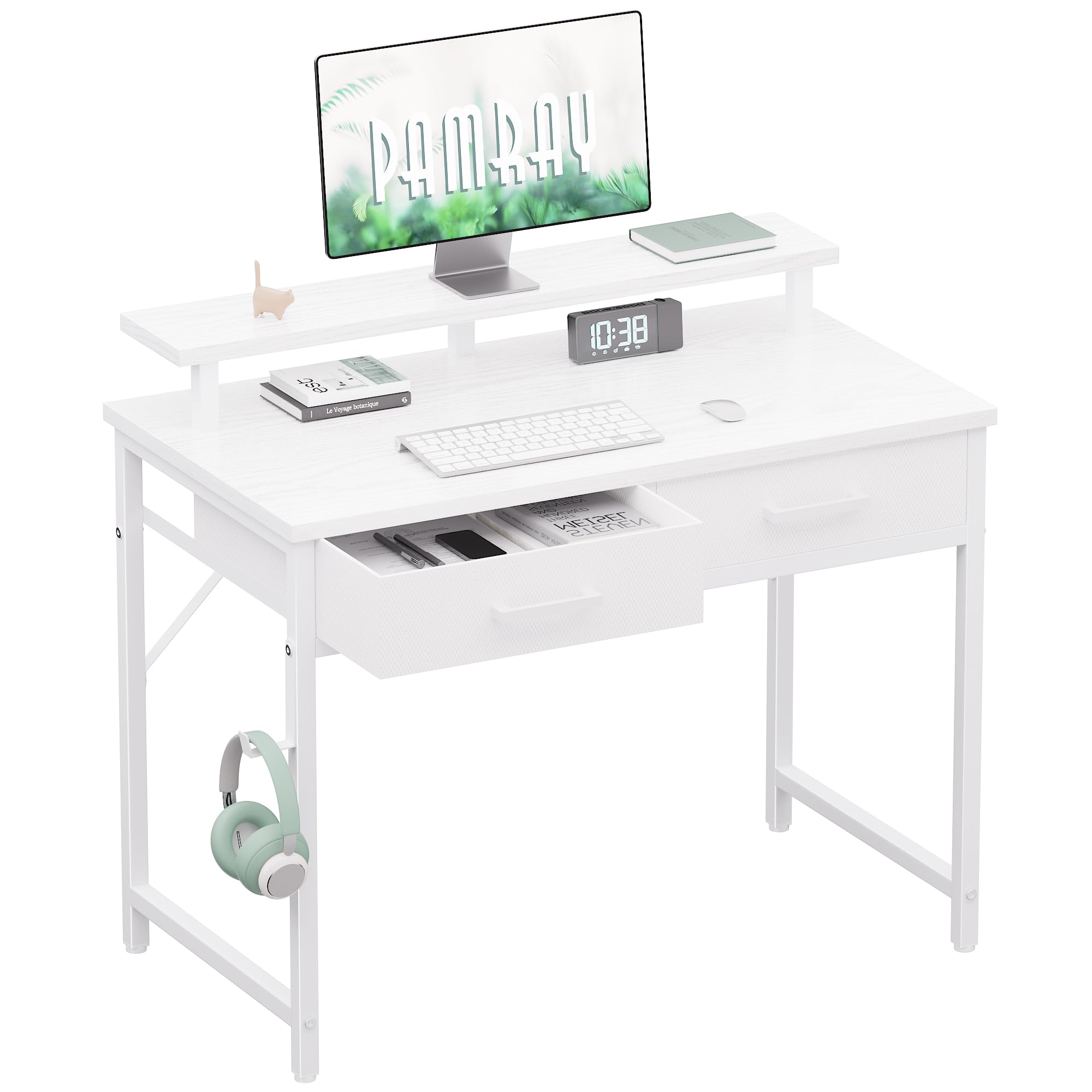 Photo 1 of Pamray 32 Inch Small Computer Desk with Monitor Stand Home Office Desks with 2 Drawers for Bedroom Study Writing and Work Table for Small Spaces White