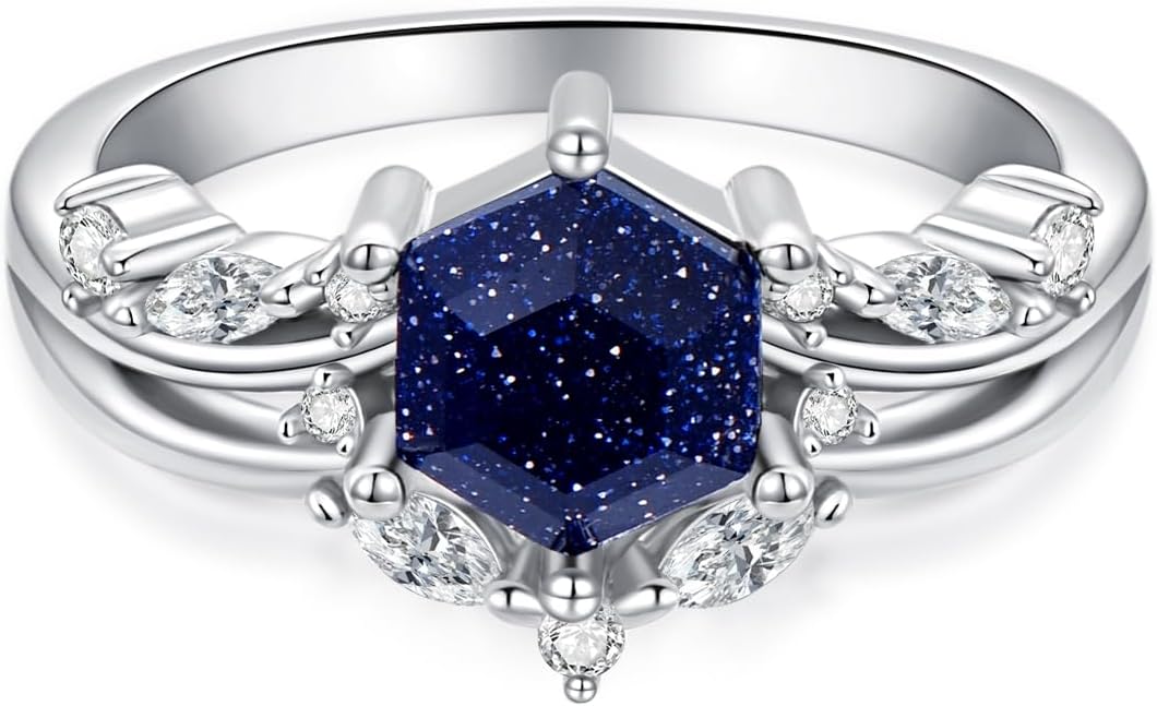 KZX Blue Sandstone Ring 925 Sterling Silver Hexagonal-cut Engagement Ring Unique Wedding Ring Jewelry Gift for Women (Ring Size 7-10)