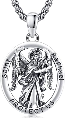 S925 Sterling Silver Archangel Saint Raphael Medal Pendant Jewelry for Men with 20 inch Chain with Gift Box, Medium, Sterling Silver, Gemless, M, Sterling Silver, No Gemstone |