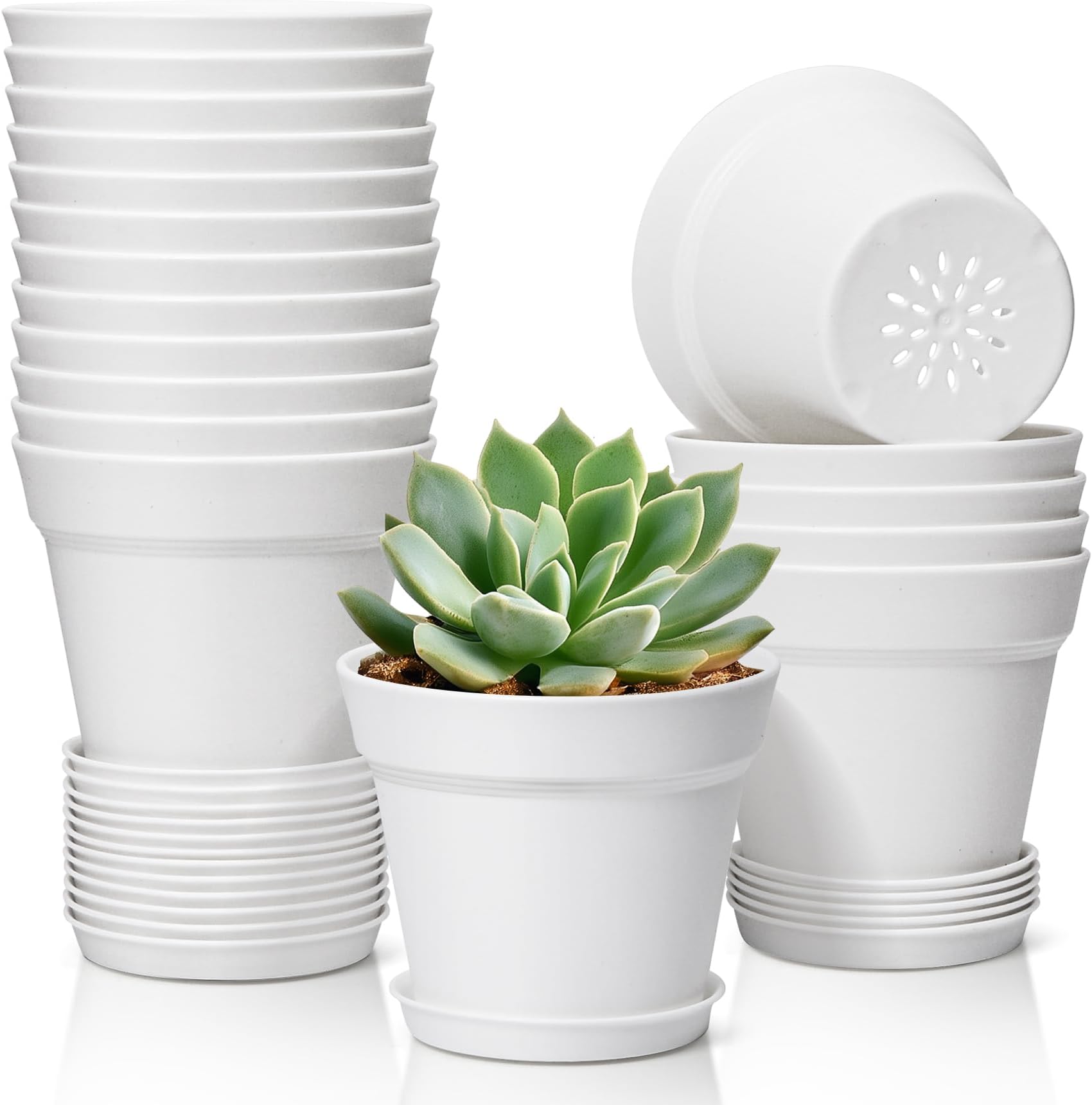 T4U 4 Inch Plant Pots 18-Pack, Small Flower Pots with Saucer and Drainage Hole, Durable Plastic Pots, Nursery Small Flower Pot Bulk for Plants, Succulent, Violet, Decorative (18 Pack 4" Pot, White)