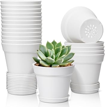 T4U 4 Inch Plant Pots 18-Pack, Small Flower Pots with Saucer and Drainage Hole, Durable Plastic Pots, Nursery Small Flower Pot Bulk for Plants, Succulent, Violet, Decorative 18 Pack 4" Pot, White