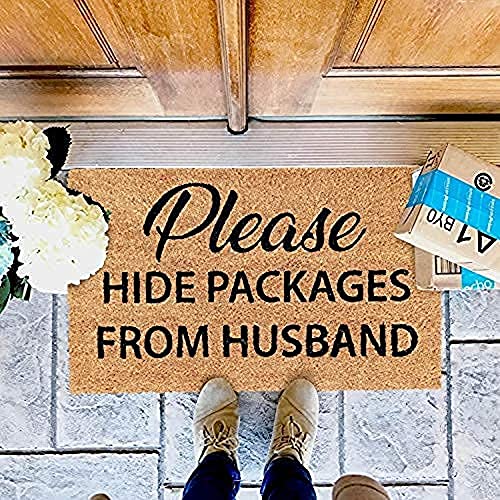 Image of Onlymat inchPlease Hide Packages Funny Doormat, Anti-Slip Coir with PVC Backing, Rectangular (75x45cm), Black /Brown - for Entryway, Outdoor, Home, Floor, Door, Hall & Living Room Use