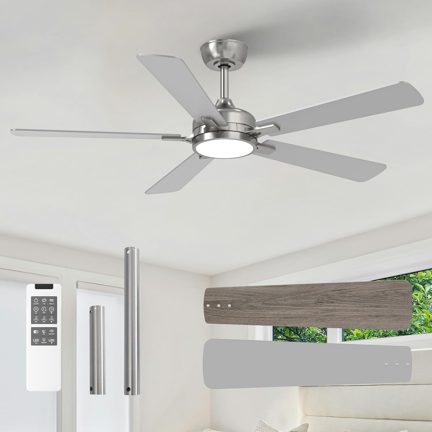 Ceiling Fans with Lights, 52 Inch Nickel Modern Ceiling Fan with Light and Remote Control, DC Reversible Motor, Noiseless, Dual Fan Blades, 6CCT, Fans for Bedroom, Living Room, Indoor and Outdoor Use