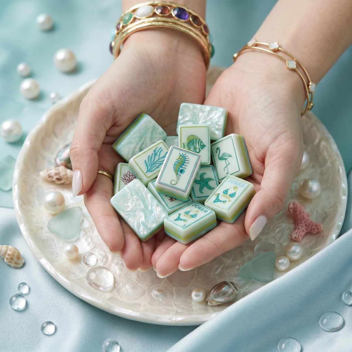 Ozean-Muschel-Themed American Mahjong Set - 160 Acryl 4-lagige Gravierte Fliesen Tragbares Reisespiel, Handarbeit, Geschenk für Fliesenliebhaber, Freunde & Paare