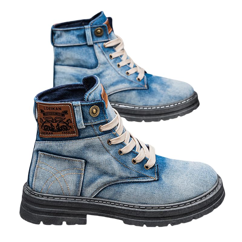 Men Fashion Sneakers for Men High Top Lace-up Shiny Shoes for Motorcycle High-top Denim Large Size Sneakers