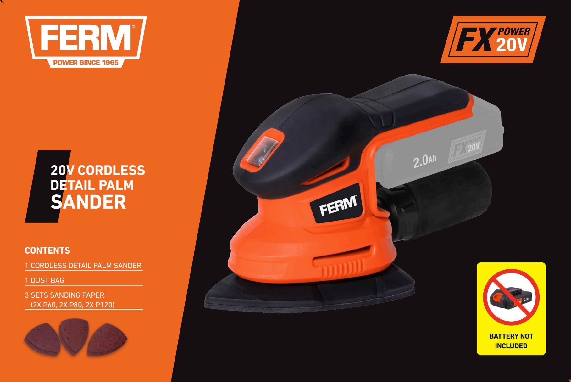 FERM Levigatrice Palmare a Batteria 20V AX-POWER – Levigatrice Delta Senza Fili, 10.000 giri/min, Aspirazione Polvere, Soft Grip (Batteria e Caricatore NON Inclusi)