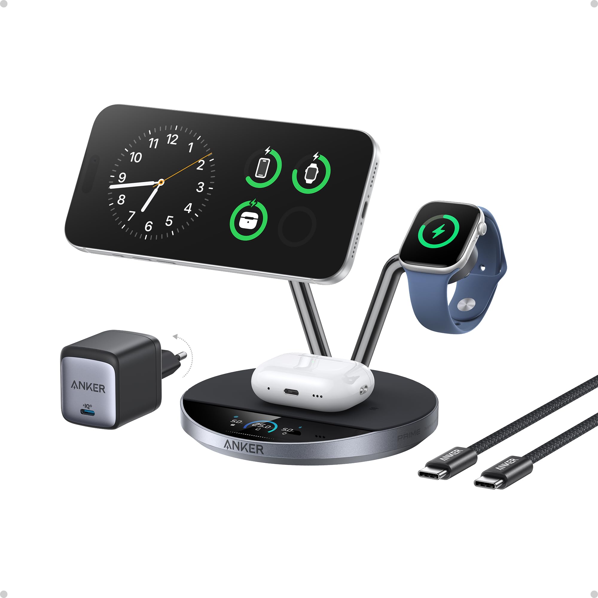 Anker Prime Station de Charge 3 en 1 Certification Qi2 25 W Compatible MagSafe, Support, écran Intelligent, Refroidissement TEC Actif, pour iPhone 17, Apple Watch, AirPods et Plus