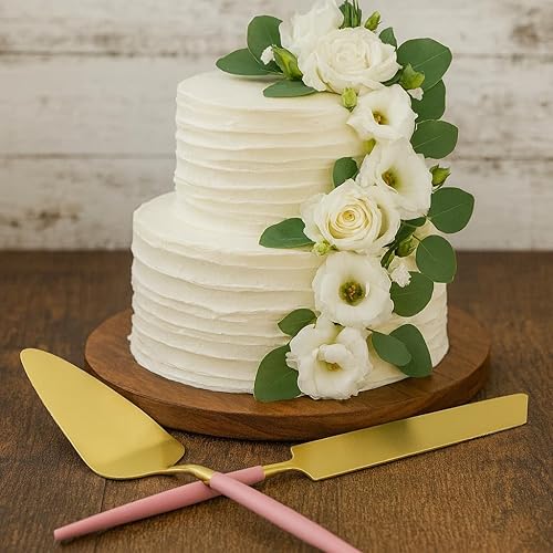 Miniatura 5 de Koyal Wholesale Juego de cuchillos y servidores modernos para tartas de boda, 2 piezas, cortador de pastel dorado y servidor con mango malva