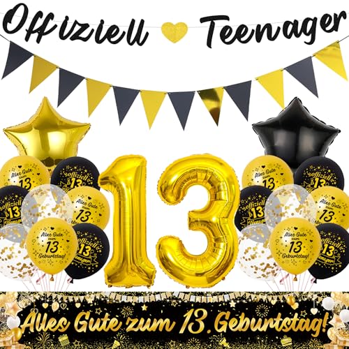 Deko 13. Geburtstag Junge Mädchen Ballons und Banner | 13 Geburtstagsdeko Luftballons Girlande und Stoff Banner, XXL Zahlenballon und Wimpel für 13. Geburtstagsfeier Dekoration