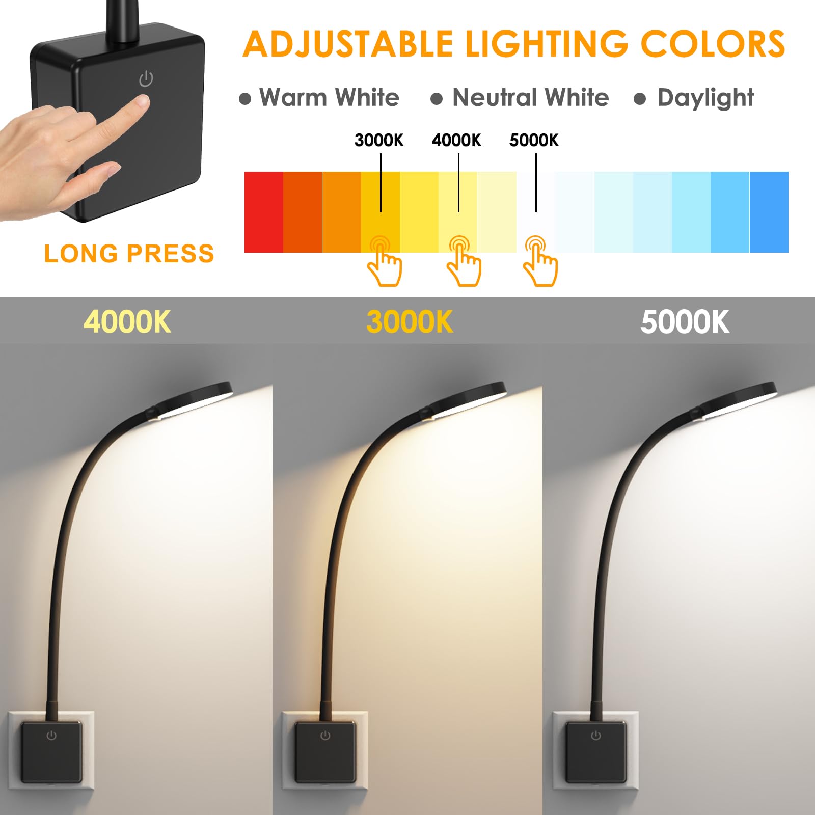 ENUOTEK Lampe Applique Murale de Chevet Chambre Lecture LED avec Prise de Courant pour Lire la Nuit, 4W 350Lm, 3X Luminosité Tactile Dimmable, 3000K-4000K-5000K, Lampe Flexible Noire