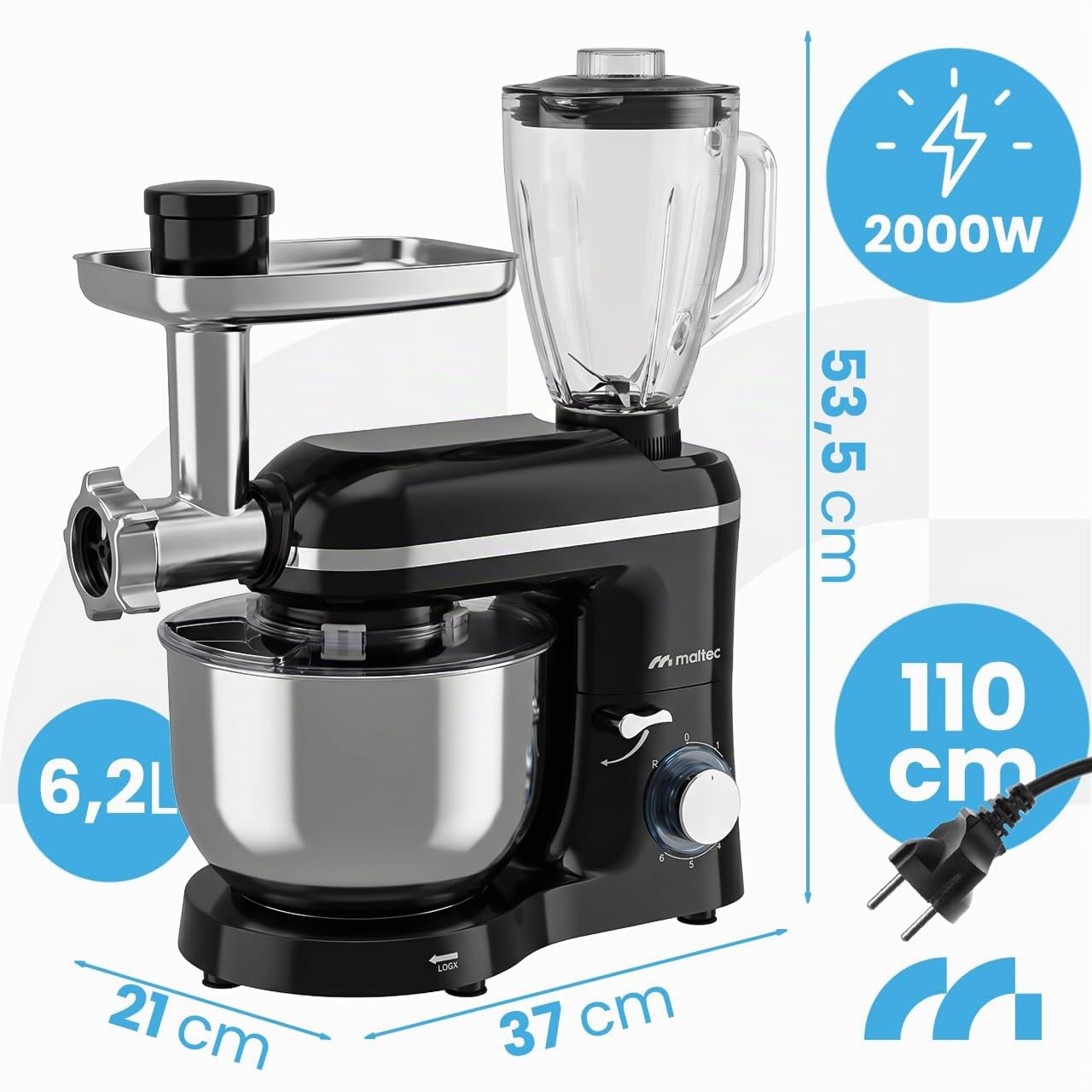 MalTec Küchenmaschine 3in1 2000W 6,2L mit Planetenrührwerk, Mixeraufsatz 1,5 L, Fleischwolf, Nudelaufsätze & Zerkleinerer - Knetmaschine, Schlagen, Mixen, Cremes, Smoothies, Cocktails