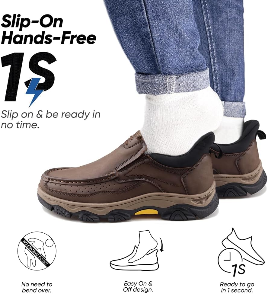 YONGJIA Mens Hands Free Slip in Loafers Walking Slip on Leather Casual Comfortable Breathable Shoes - Image 3