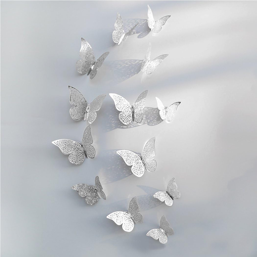 48Pcs Butterfly Decorations, Creatiee 3D Wall Decals|Metallic Art Sticker, DIY/Handmade/Removable/Pressure Resistance Paper Murals Gift for Home Kids Bedroom Nursey Party Décor (Silver)