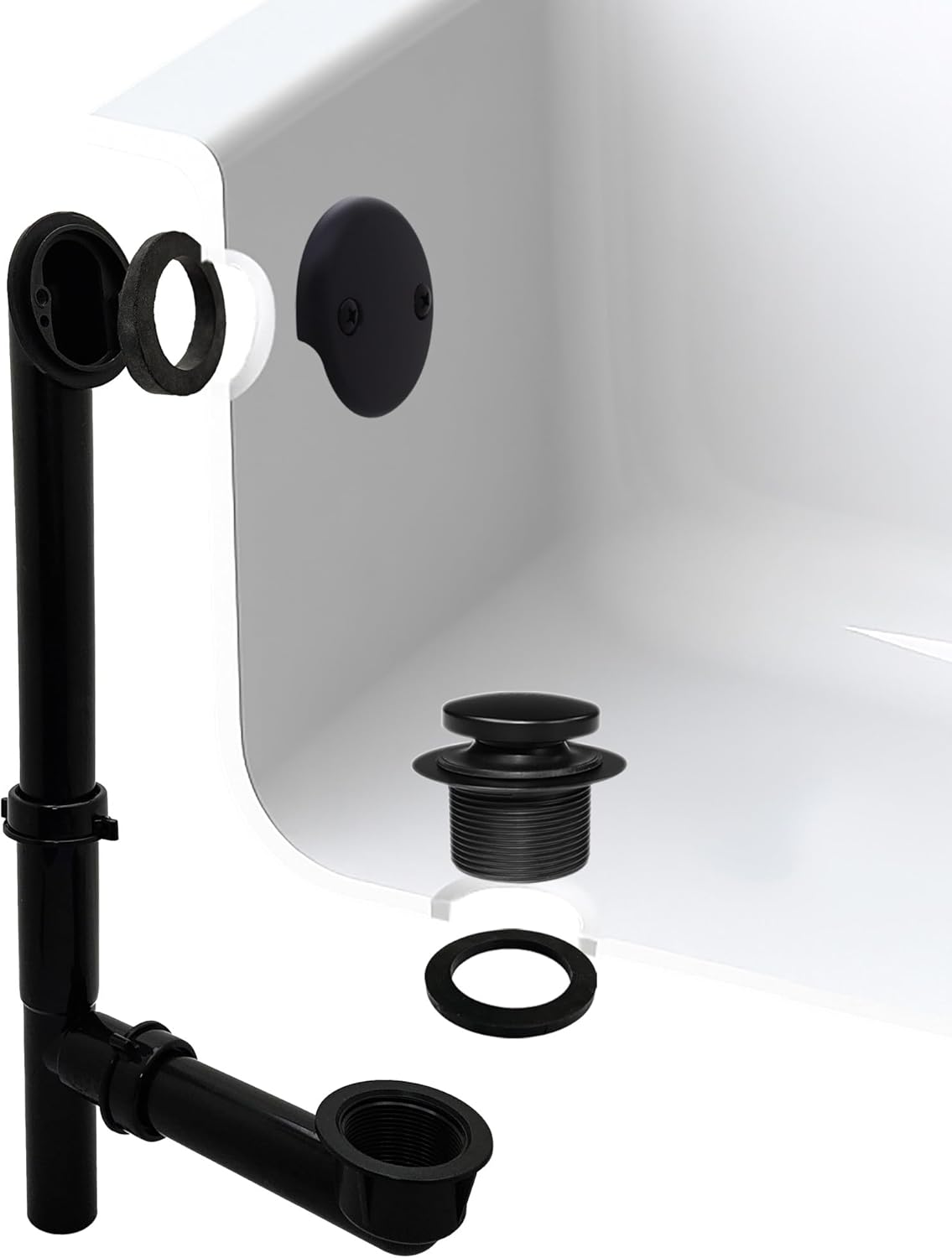 Westbrass 593144-62 14" Black Tubular Bathtub Waste & Overflow Assembly with with Tip-Toe Drain Plug and 2-Hole Faceplate, Matte Black