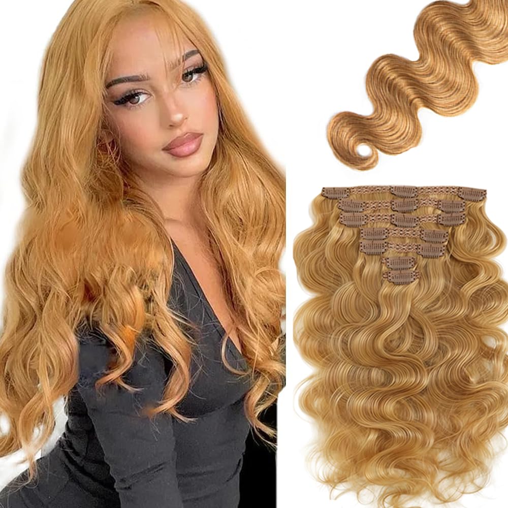 View 1 of #27 Blonde Body Wave Clip in Hair Extensions - 16 Inch Real Remy Soft Human Hair,120g 7pcs,Honey Blonde Human Hair Extensions #27 Body Wave Clip ins